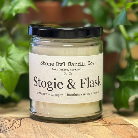 Stone owl candles stogie and flask candle