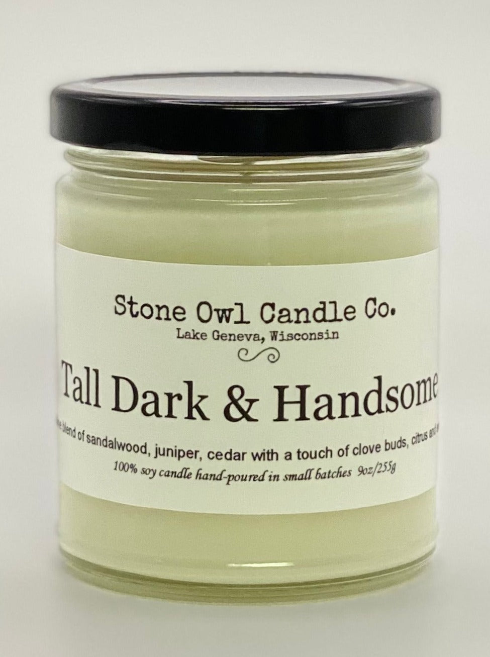 Stone Owl Candle Co. Tall Dark and Handsome Masculine blend of sandalwood, juniper, cedar with a touch of clove buds, citrus and exotic florals