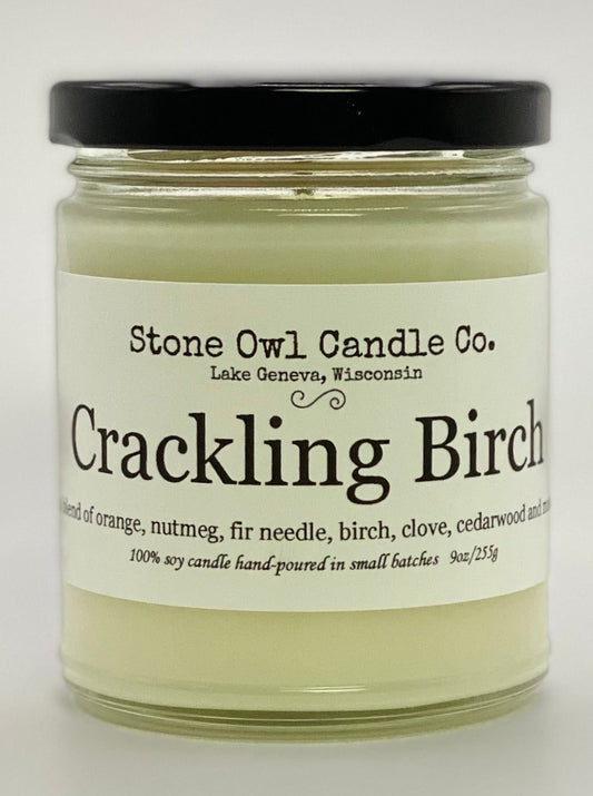 Stone Owl Candle Co. Cracking Birch   Blend of orange, nutmeg, fir needle, birch, clove, cedarwood and musk