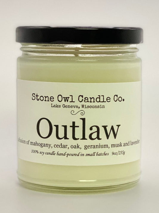 Stone Owl Candle Co Outlaw a fusion of mahogany, cedar, oak, geranium, musk and lavender. Soy candle hand poured in small batches