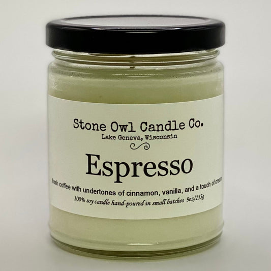 Stone Owl Candle Co. Espresso Scent: Fresh coffee with undertones of cinnamon, vanilla and a touch of cream.