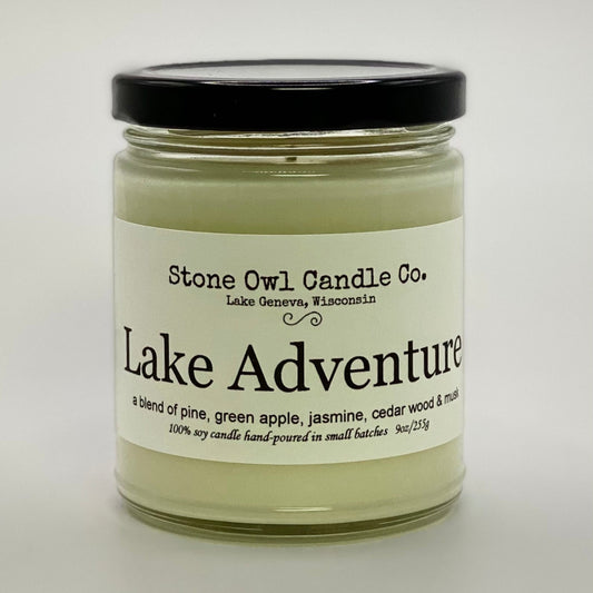Stone Owl Candle Co. Lake Adventure Scent: Blend of pine, green apple, jasmine, cedar wood and musk.