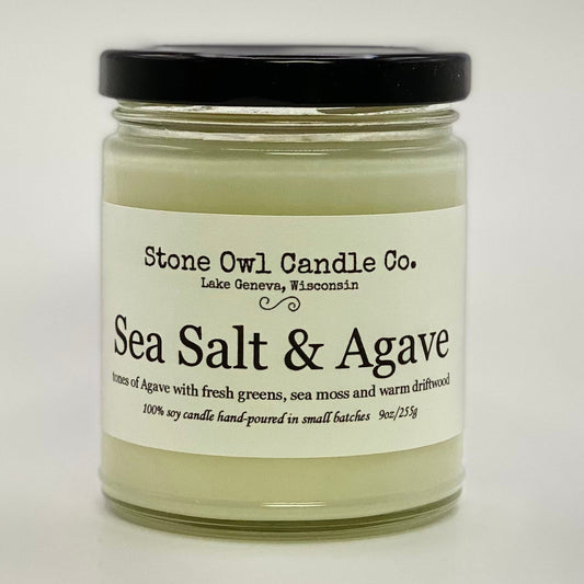Stone Owl Candle Co. Sea Salt & Agave Scent: Tones of agave with fresh greens, sea moss and warm driftwood.