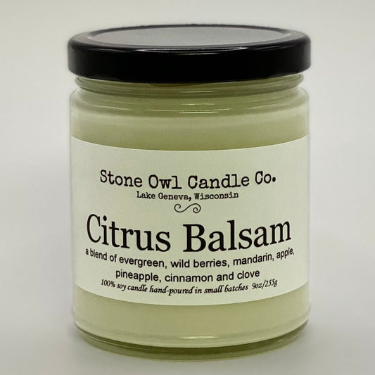 Stone Owl Candle Co. Citrus Balsam Scent: Blend of evergreen, wild berries, mandarin, apple, pineapple, cinnamon and clove.