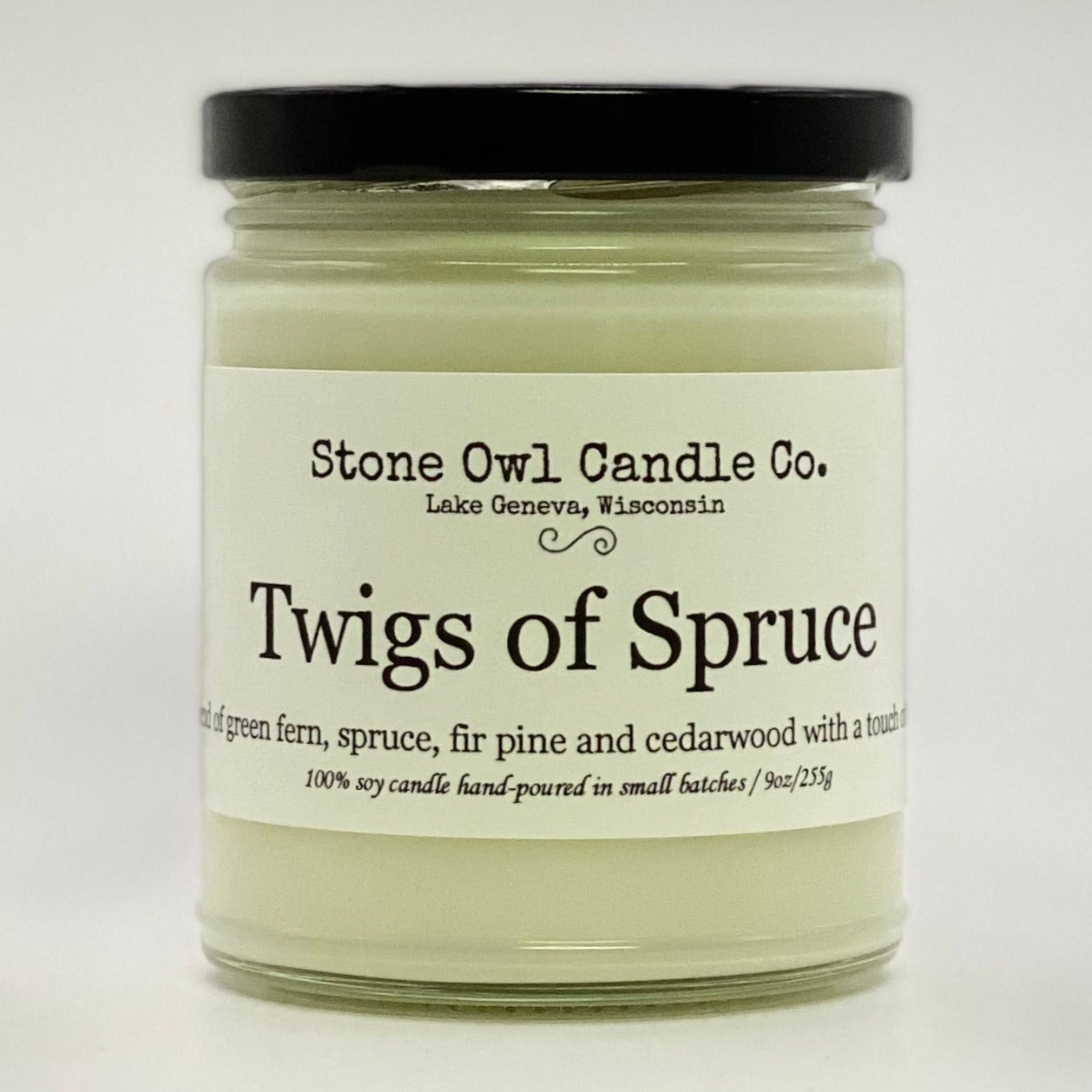 Stone Owl Candle Co. Twigs of Spruce Scent: Blend of green fern, spruce, fir pine and cedarwood with a touch of must.