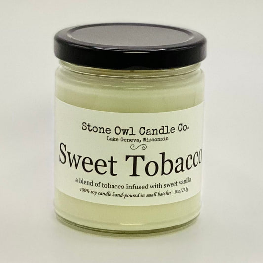 Stone Owl Candle Co. Sweet Tobacco Scent: Blend of tobacco infused with sweet vanilla.