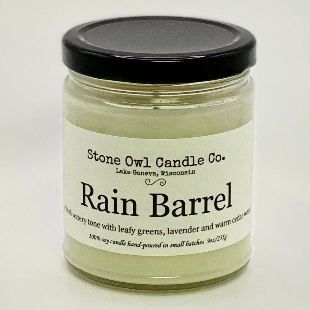 Stone Owl Candle Co. Rain Barrel Scent: Fresh watery tone with leafy greens, lavender and warm cedar wood.